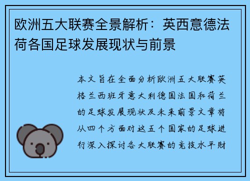 欧洲五大联赛全景解析：英西意德法荷各国足球发展现状与前景