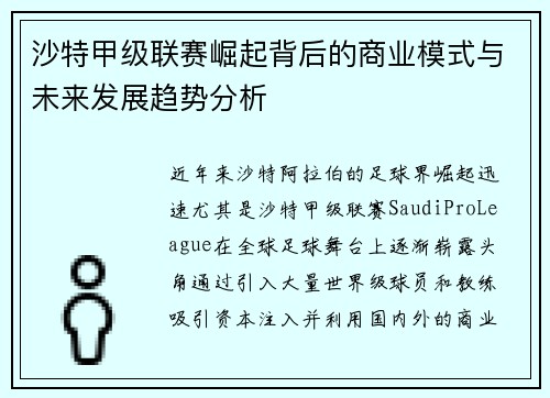 沙特甲级联赛崛起背后的商业模式与未来发展趋势分析