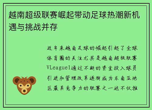 越南超级联赛崛起带动足球热潮新机遇与挑战并存