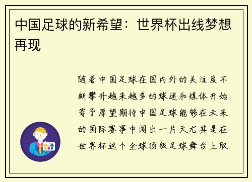 中国足球的新希望：世界杯出线梦想再现